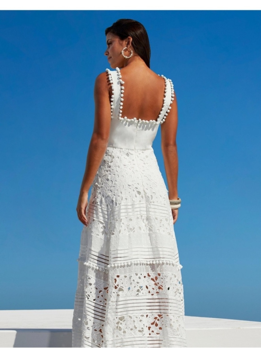 Boston Proper White Maxi Dress with Eyelet and Pom-Pom Trim